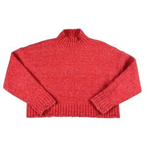 New In Womens Red Cropped Mock Neck Cozy Distressed Sweater Sz Large